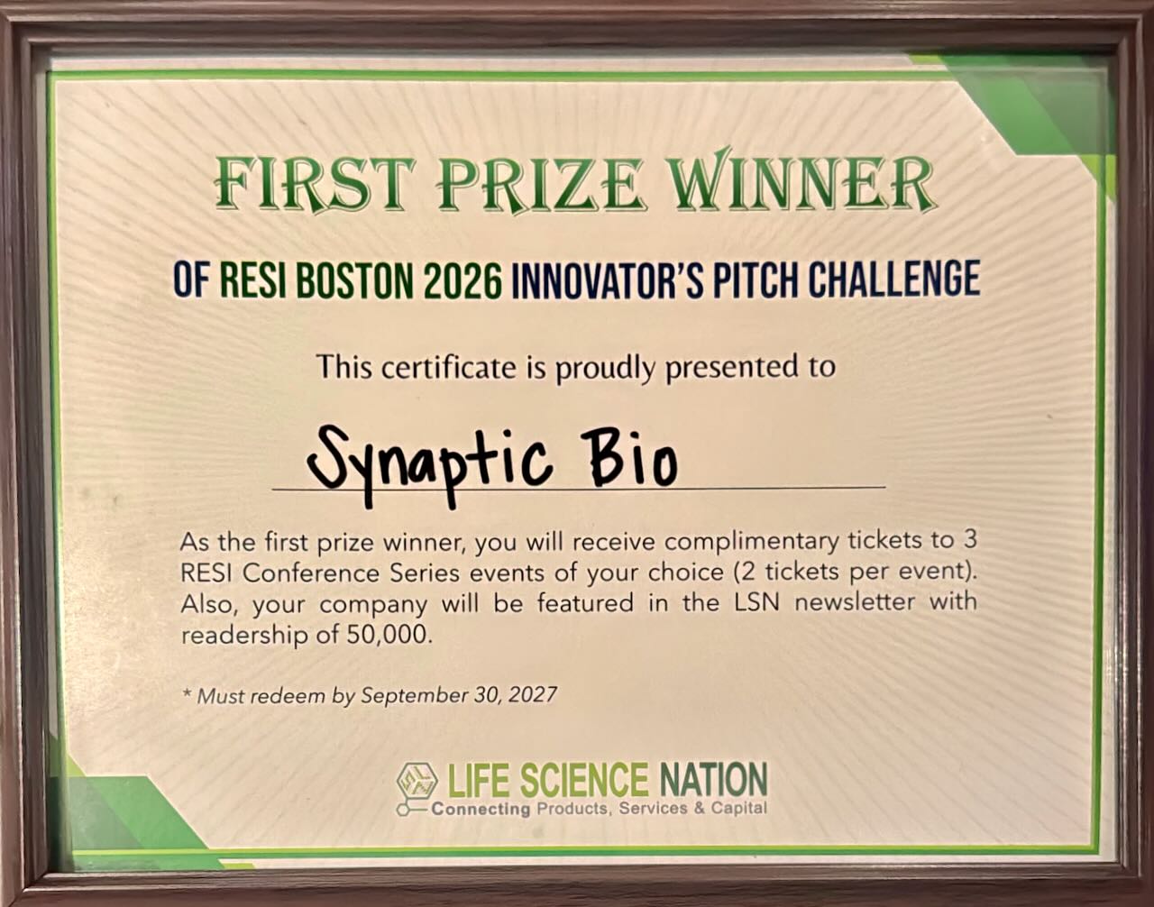 Synaptic Bio receiving first place at the RESI Boston 2026 Innovator's Pitch Challenge